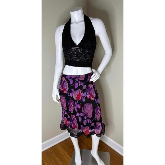 NWT Vintage Betsey Johnson Silk Skirt Size 6 Black Rose Floral Print - Picture 2 of 5